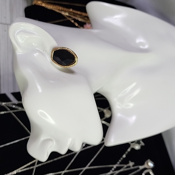 Gold Double Chain with Black Acrylic Faceted Stones Bib Necklace Earrings Set - Picture 3 of 7